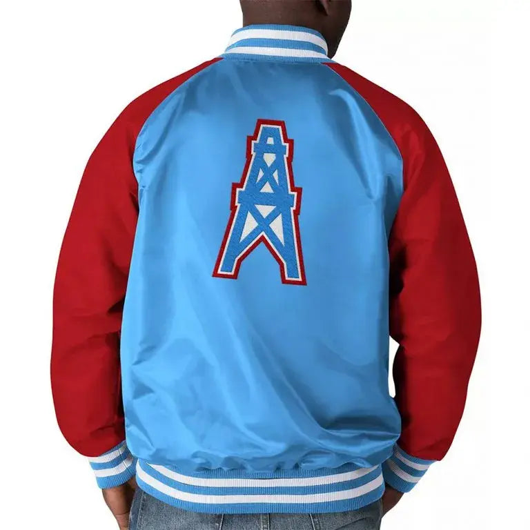 Houston Oilers Throwback Full-Snap Varsity Red and Blue Satin Men's Bomber Jacket