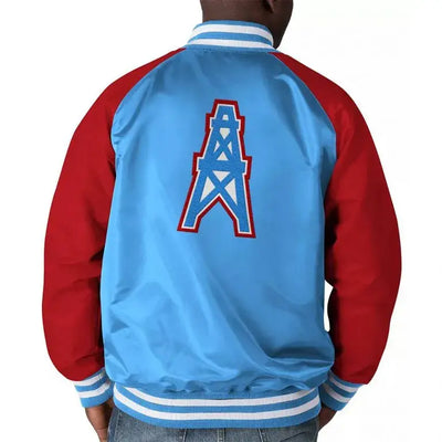 Houston Oilers Throwback Full-Snap Varsity Red and Blue Satin Men's Bomber Jacket