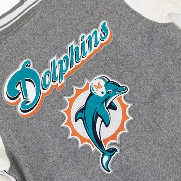 Miami Dolphins Gray Wool and White Genuine Leather Sleeves Men's Varsity Letterman Jacket