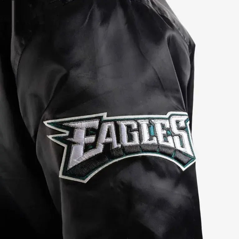 Philadelphia Eagles Big Logo Full-Snap Varsity Black Satin Men's Bomber Jacket