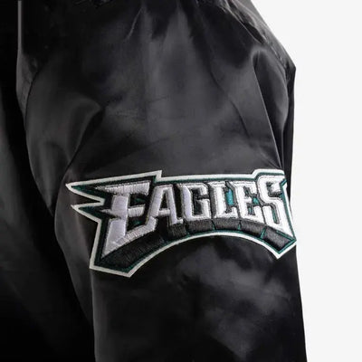 Philadelphia Eagles Big Logo Full-Snap Varsity Black Satin Men's Bomber Jacket