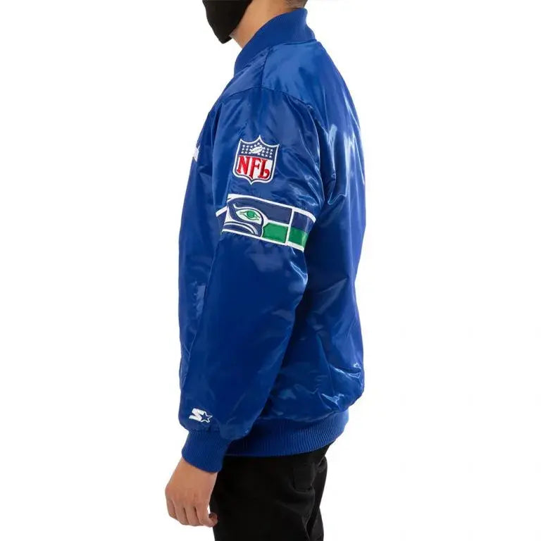 80s Seattle Seahawks Full-Snap Varsity Royal Blue Satin Men's Bomber Jacket