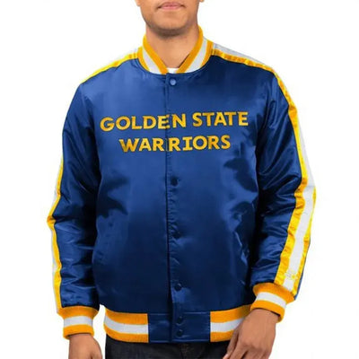Golden State Warriors Throwback Full-Snap Varsity Royal Blue Satin Men's Bomber Jacket