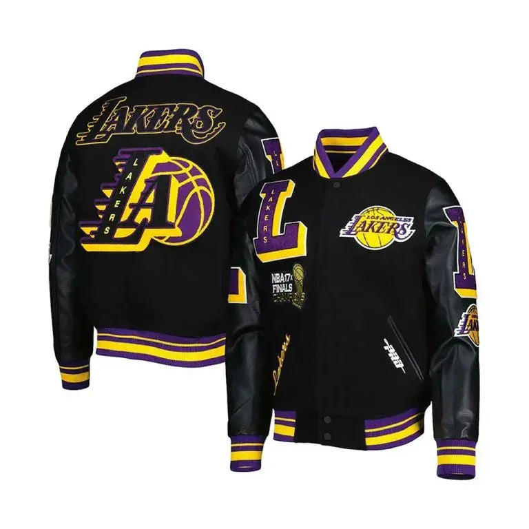 Los Angeles Lakers Mash Up Capsule Varsity Black Wool & Genuine Leather Sleeves Men's Bomber Jacket