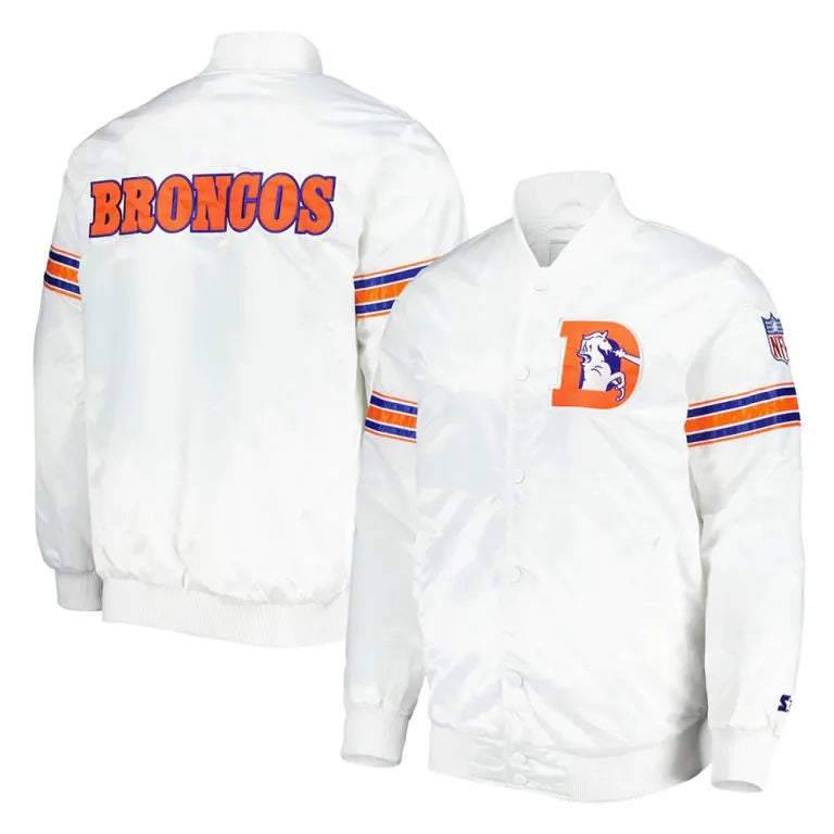 Denver Broncos The Power Forward Full-Snap Varsity White Satin Men's Bomber Jacket