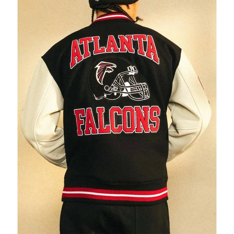 Atlanta Falcons OVO Varsity Black Wool & White Genuine Leather Sleeves Men's Letterman Jacket