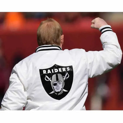 Los Angeles Raiders Mark Davis Full-Snap Varsity White Satin Men's Bomber Jacket