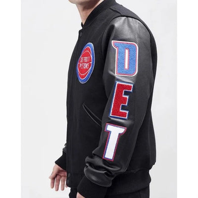 Detroit Pistons Mashup Varsity Black Wool and Genuine Leather Sleeves Men's Bomber Jacket