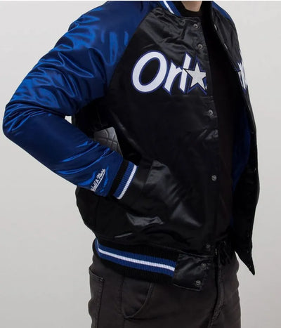 Orlando Magic Full-Snap Varsity Blue and Black Satin Men's Bomber Jacket