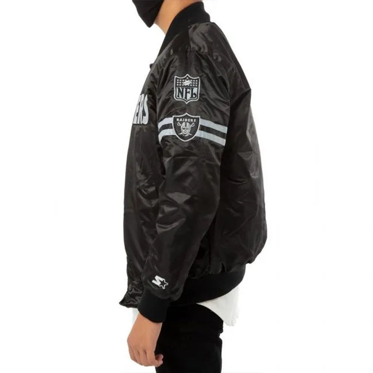Los Angeles Raiders Striped Full-Snap Varsity Black Satin Men's Bomber Jacket