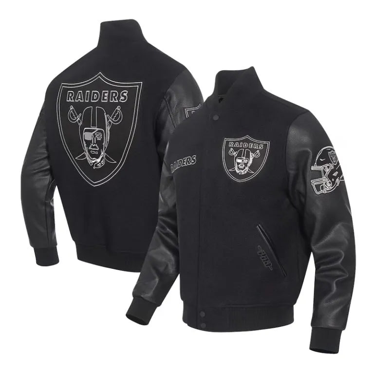 Los Vegas Raiders Black Wool and Genuine Leather Sleeves Men's Varsity Letterman Jacket