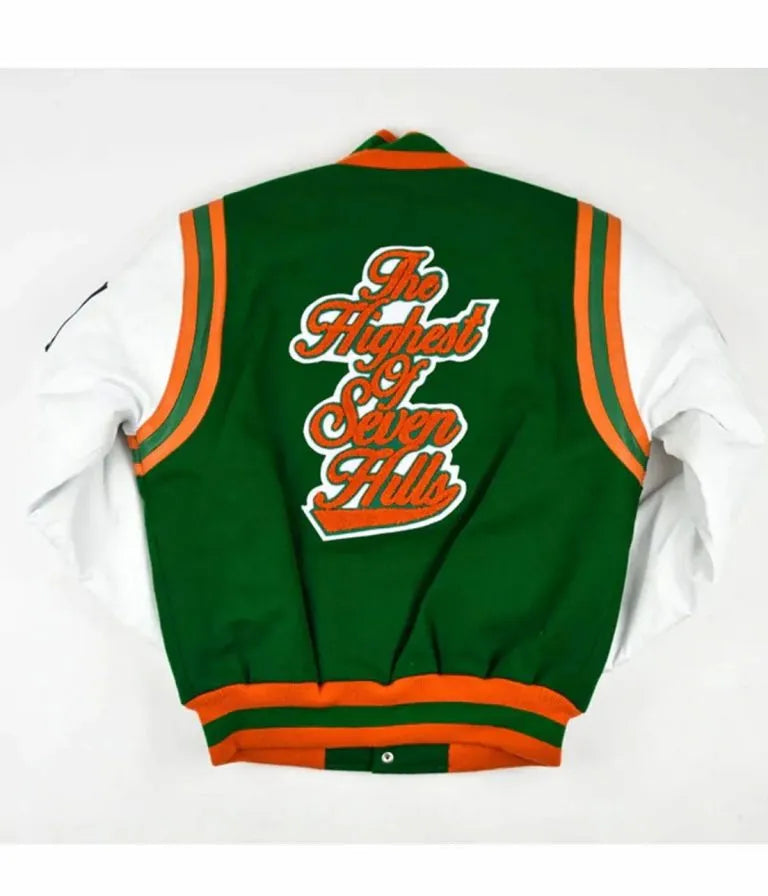 Florida A&M University Motto 2.0  Green Wool & White Genuine Leather Sleeves Men's Letterman Varsity Jacket
