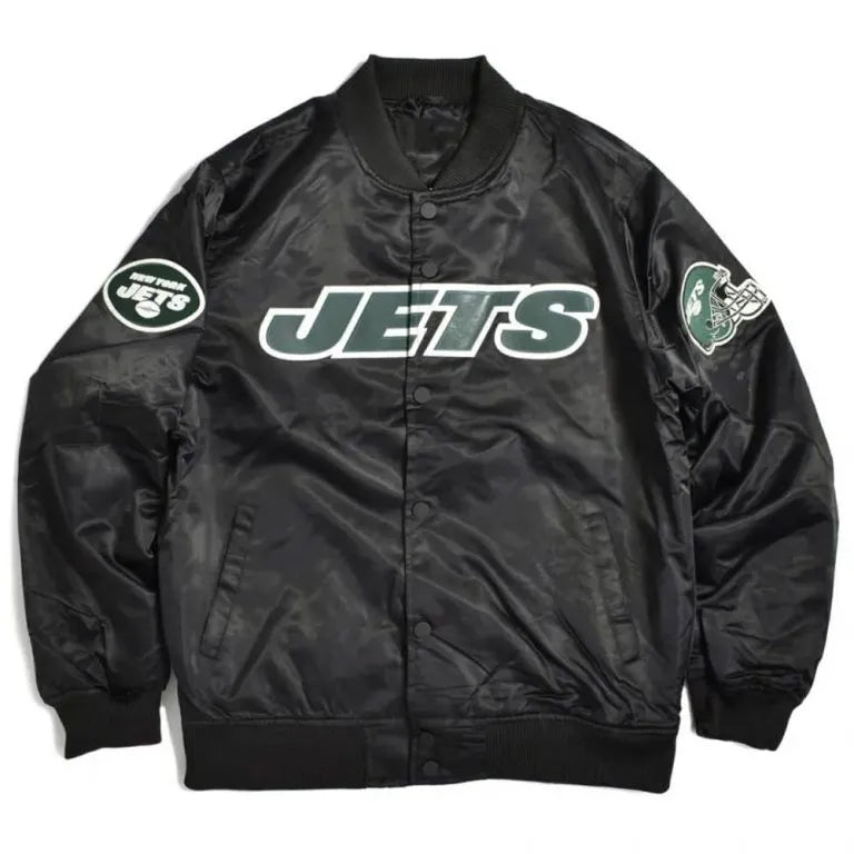 New York Jets Wordmark Full-Snap Varsity Black Satin Men's Bomber Jacket