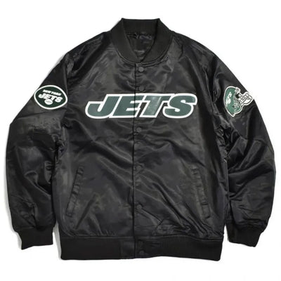New York Jets Wordmark Full-Snap Varsity Black Satin Men's Bomber Jacket