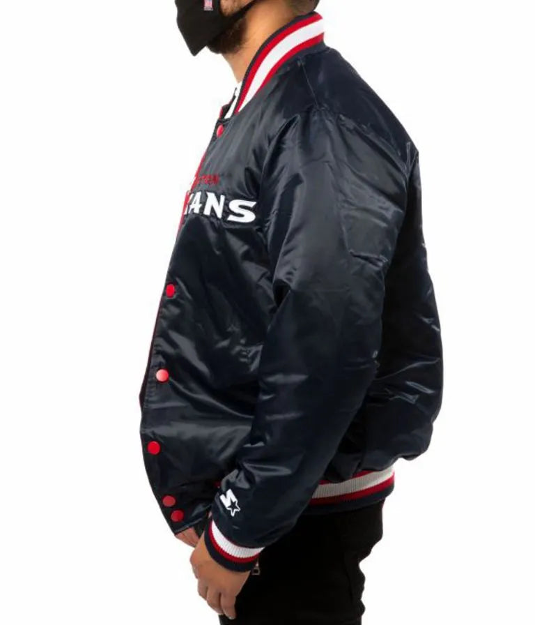 Houston Texan Full-Snap Varsity Red and Navy Blue Satin Men's Bomber Jacket