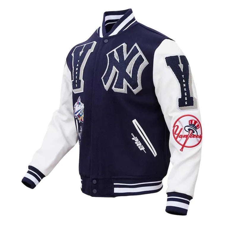 New York Yankees Mash Up Blue Wool & White Leather Sleeves Full-Zip Varsity Men's Jacket