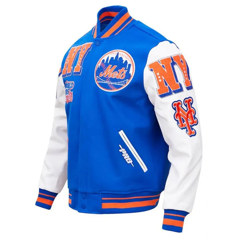 New York Mets Mash Up Full-Zip Varsity Blue/White Wool/Leather Men's Jacket