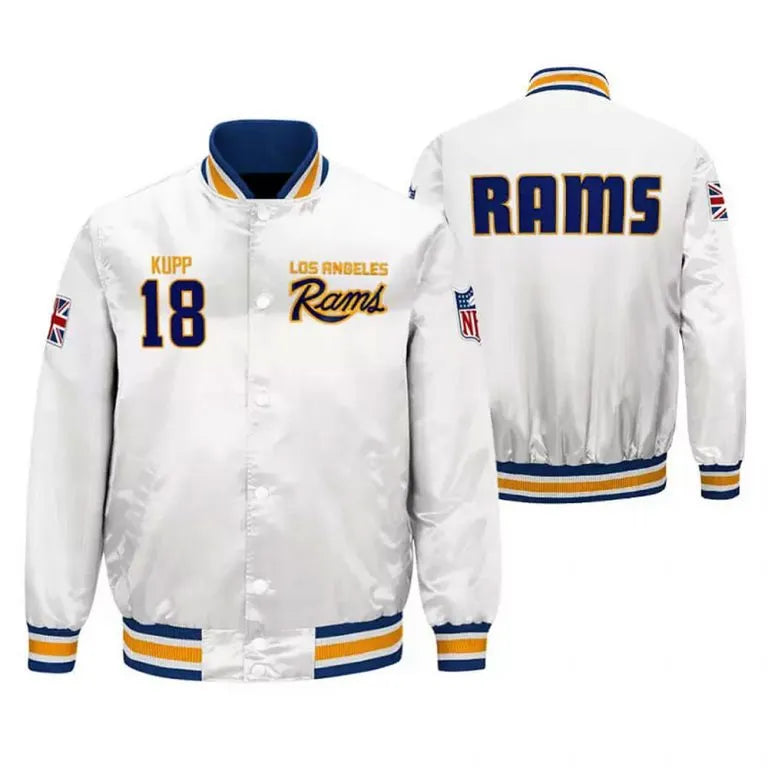 Los Angeles Rams Cooper Kupp Full-Snap Varsity White Satin Men's Bomber Jacket