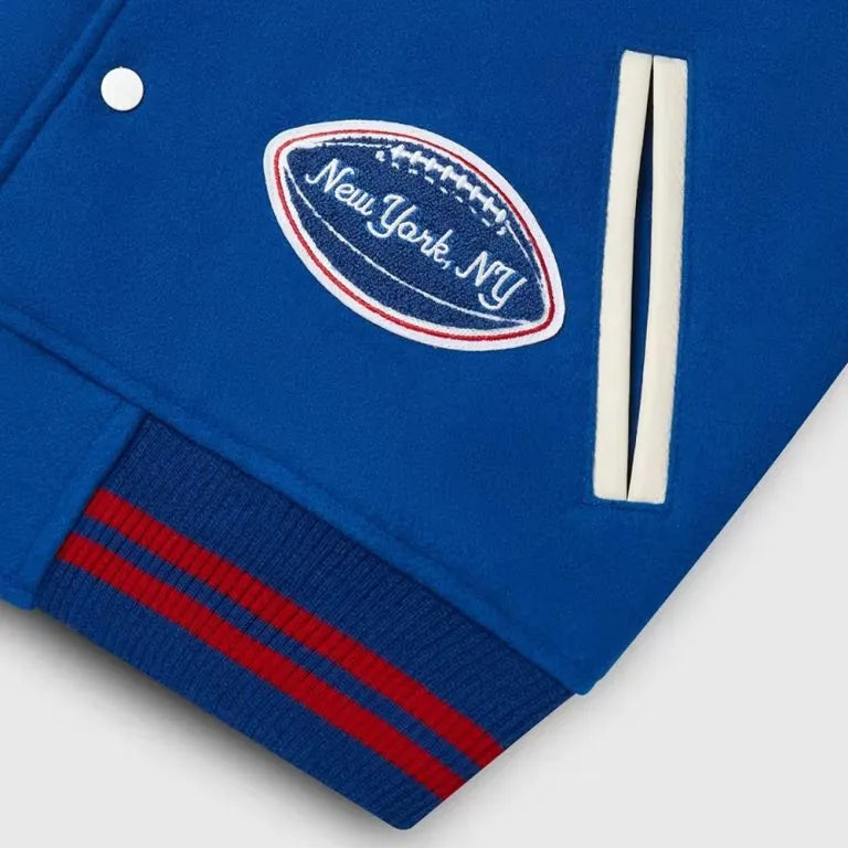 OVO New York Giants Blue Wool & White Genuine Leather Sleeves Men's Varsity Letterman Jacket