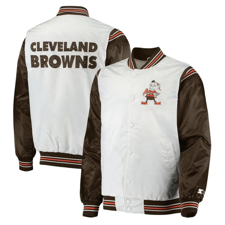 Cleveland Browns Historic Renegade Full-Snap Varsity White/Brown Satin Men's Bomber Jacket