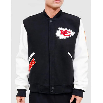 Kansas City Chiefs Black Wool and White Genuine Leather Sleeves Men's Varsity Letterman Jacket