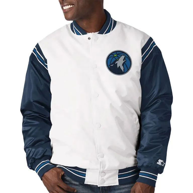Minnesota Timberwolves Renegade Full-Snap Varsity White and Navy Blue Satin Men's Bomber Jacket