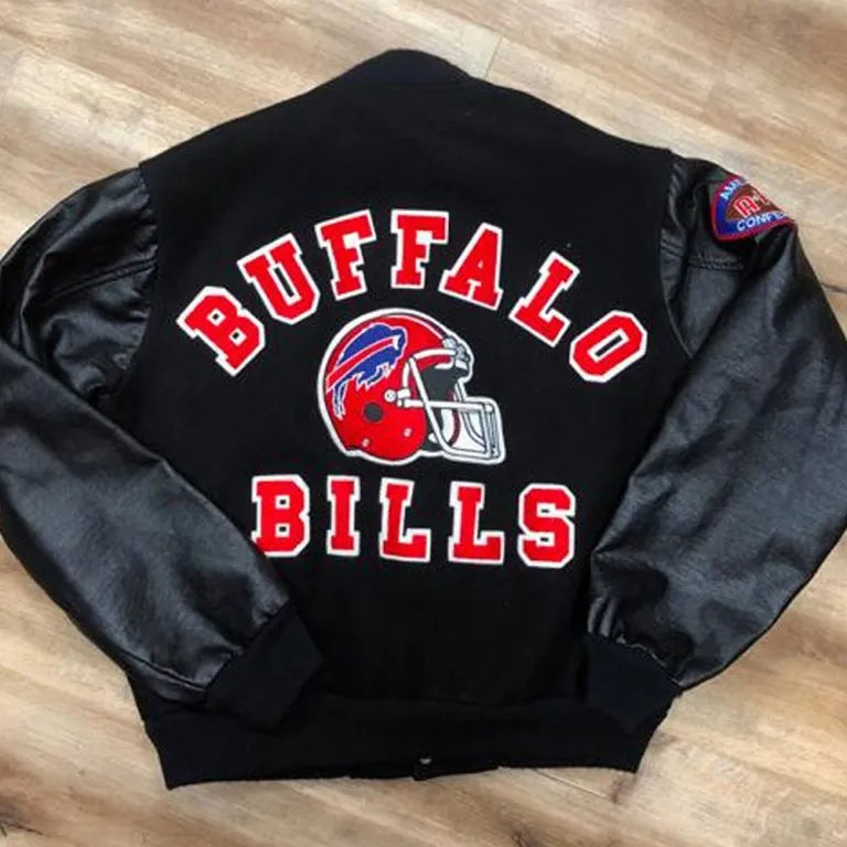 90’s Buffalo Bills Black Wool & Leather Sleeves Varsity Men's Letterman Jacket