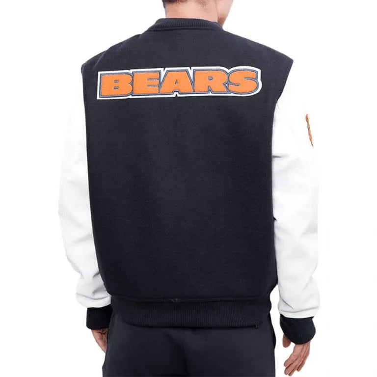 Chicago Bears Black Wool & White Genuine Leather Sleeves Full-Snap Men's Varsity Jacket