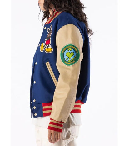 Mickey Mouse Ozzy Rello Blue Wool & Beige Genuine Leather Sleeves Men's Letterman Varsity Jacket