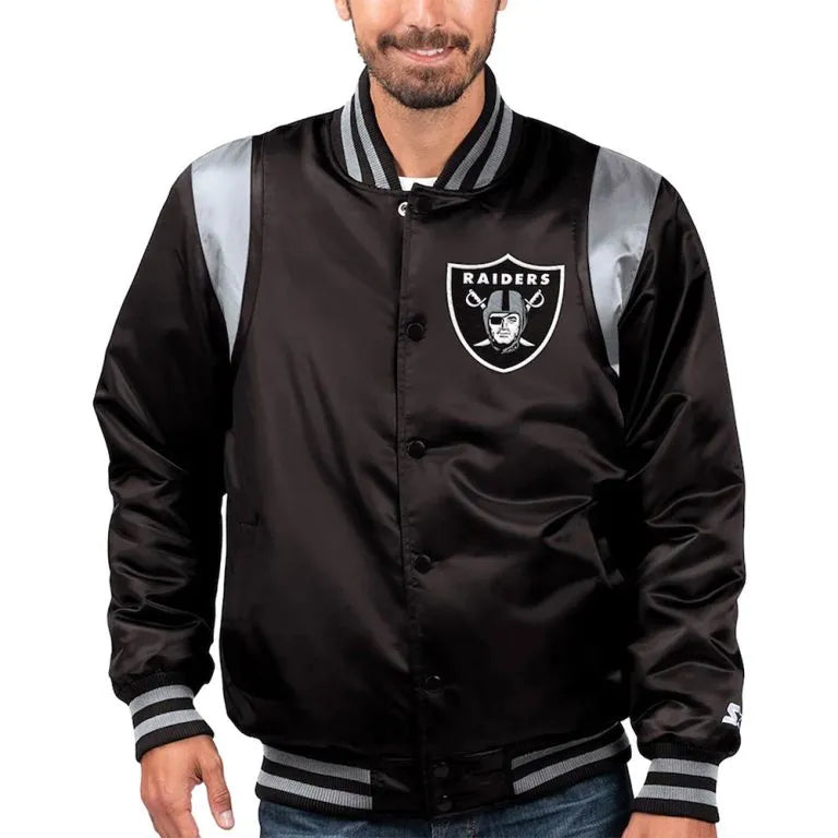 Los Angeles Raiders Prime Time Full-Snap Varsity Black/Silver Satin Men's Bomber Jacket