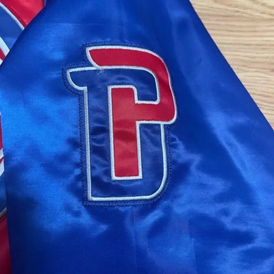 Detroit Pistons Ty Mopkins Full-Snap Varsity Red and Blue Satin Men's Bomber Jacket