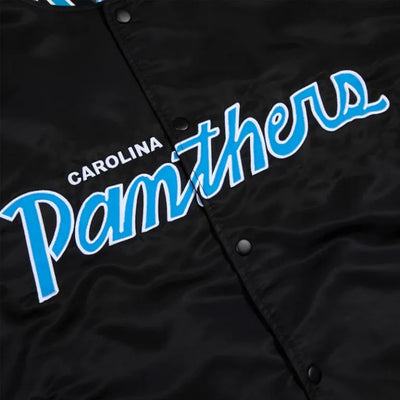 Carolina Panthers Blue Rib Full-Snap Varsity Black Satin Men's Bomber Jacket