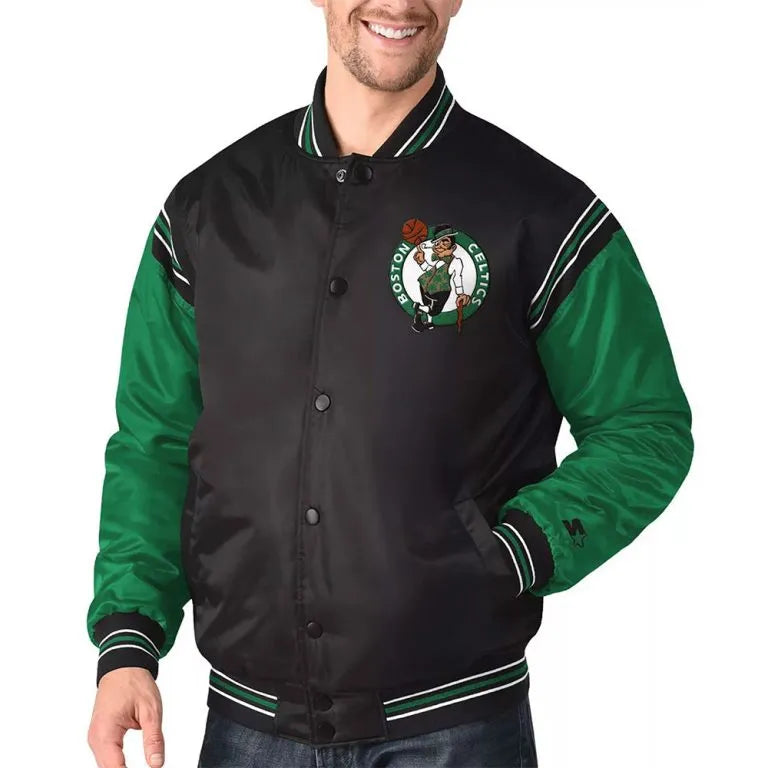 Boston Celtics The Enforcer Full-Snap Varsity Black/Kelly Green Satin Men's Bomber Jacket