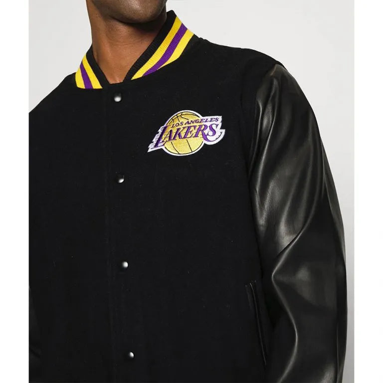 Los Angeles Lakers Training Team Logo Varsity Black Wool & Genuine Leather Sleeves Men's Bomber Jacket