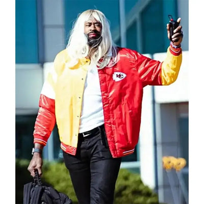 Kansas City Chiefs Deandre Jordan Full-Snap Varsity Red and Yellow Satin Men's Bomber Jacket