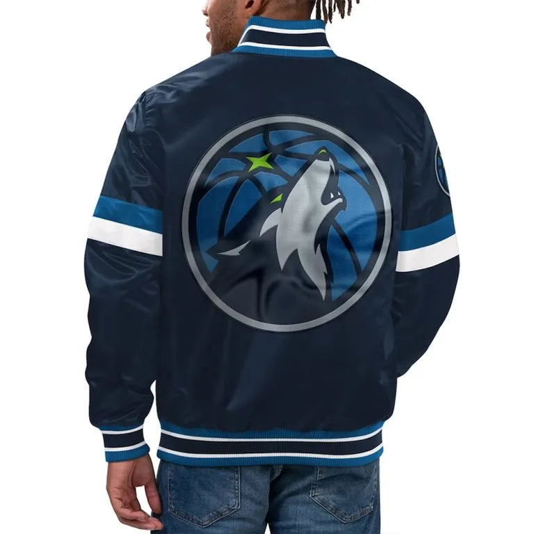 Minnesota Timberwolves Youth Home Game Full-Snap Varsity Navy Blue Satin Men's Bomber Jacket