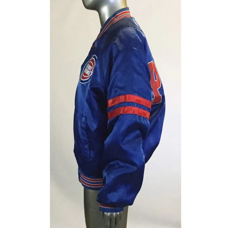 Detroit Pistons Pick and Roll Full-Snap Varsity Blue Satin Men's Bomber Jacket