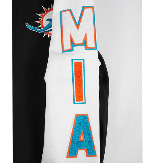 Miami Dolphins Script Tail Black Wool and White Genuine Leather Sleeves Men's Varsity Letterman Jacket