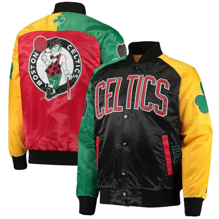 Boston Celtics Ty Mopkins Full-Snap Varsity Black/Red Satin Men's Bomber Jacket