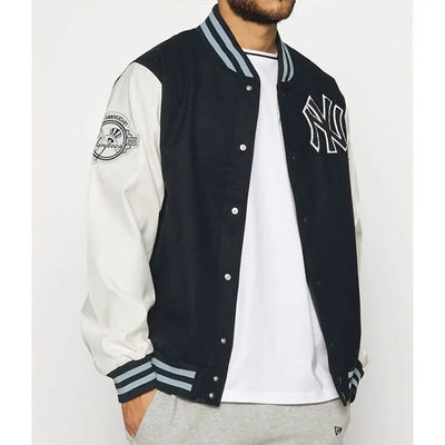 NY Yankees Navy Blue Wool and White Leather Sleeves Men's Jacket