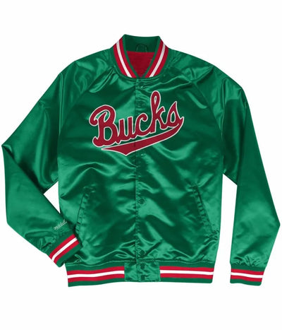 Milwaukee Bucks Hardwood Classics Full-Snap Varsity Green Satin Men's Bomber Jacket