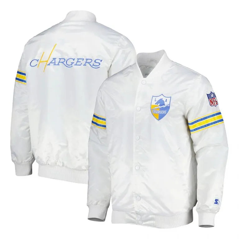 Los Angeles Chargers The Power Forward Full-Snap Varsity White Satin Men's Bomber Jacket