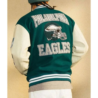 OVO Philadelphia Eagles Green Wool & White Genuine Leather Sleeves Men's Varsity Letterman Jacket