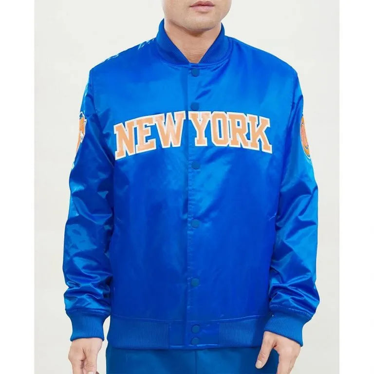 New York Knick Wordmark Full-Snap Varsity Royal Blue/Orange Satin Men's Bomber Jacket