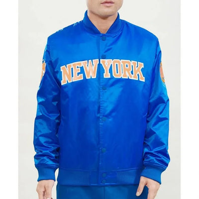 New York Knick Wordmark Full-Snap Varsity Royal Blue/Orange Satin Men's Bomber Jacket