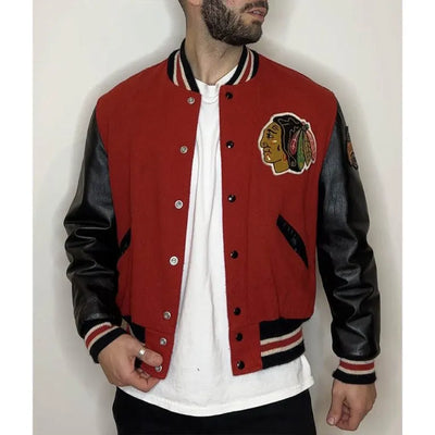 Chicago Blackhawks Campbell Red Wool & Black Genuine Leather Sleeves Men's Letterman Varsity Jacket