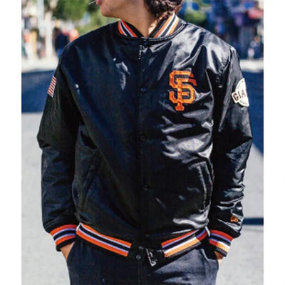 San Francisco Giants American Flag Full-Snap Black Bomber Satin Men's Jacket