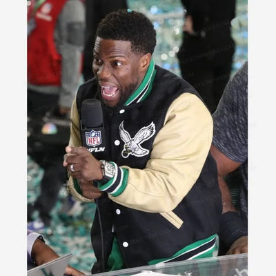 Kevin Hart Philadelphia Eagles Black Wool & Beige Genuine Leather Sleeves Men's Varsity Letterman Jacket