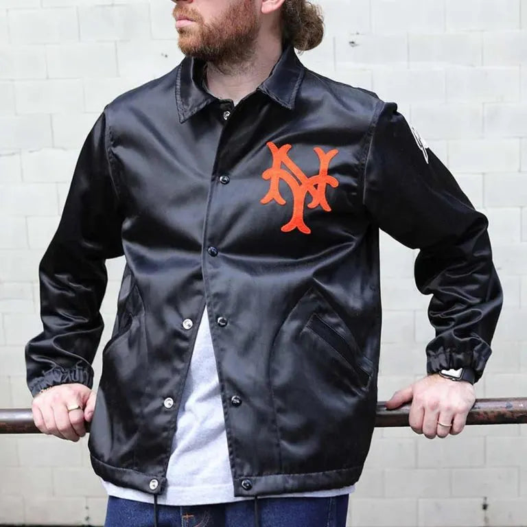 1954 New York Giants Full-Snap Varsity Black Satin Men's Bomber Windbreaker Jacket