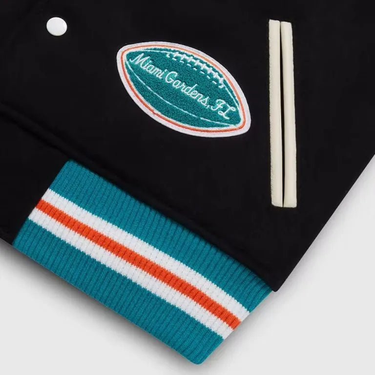 OVO Miami Dolphins Black Wool and White Genuine Leather Sleeves Men's Varsity Letterman Jacket